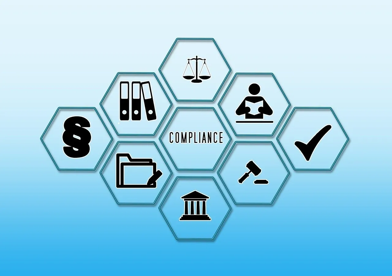 A blue background with various icons of compliance.